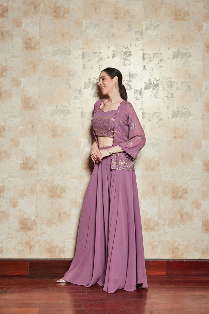 LILAC EMBELLISHED DIVIDER SET WITH GEORGETTE SHRUG AND BLOUSE