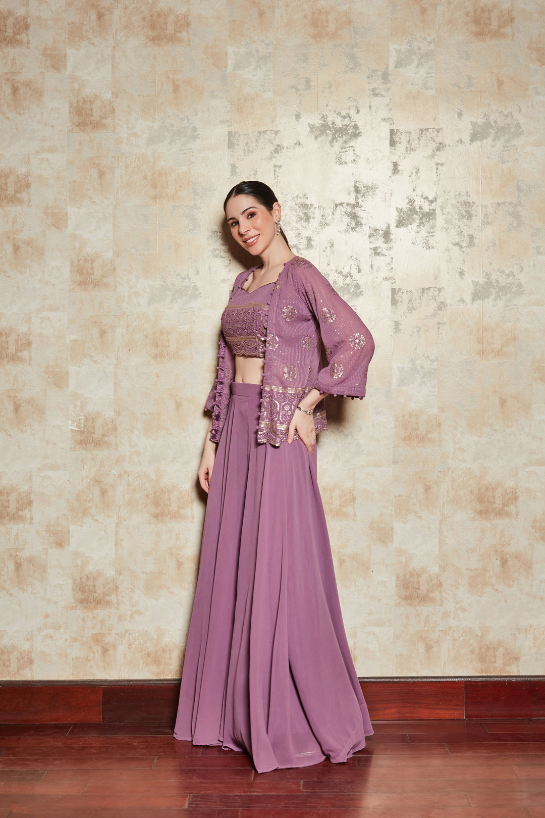 LILAC EMBELLISHED DIVIDER SET WITH GEORGETTE SHRUG AND BLOUSE