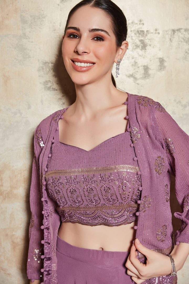 LILAC EMBELLISHED DIVIDER SET WITH GEORGETTE SHRUG AND BLOUSE
