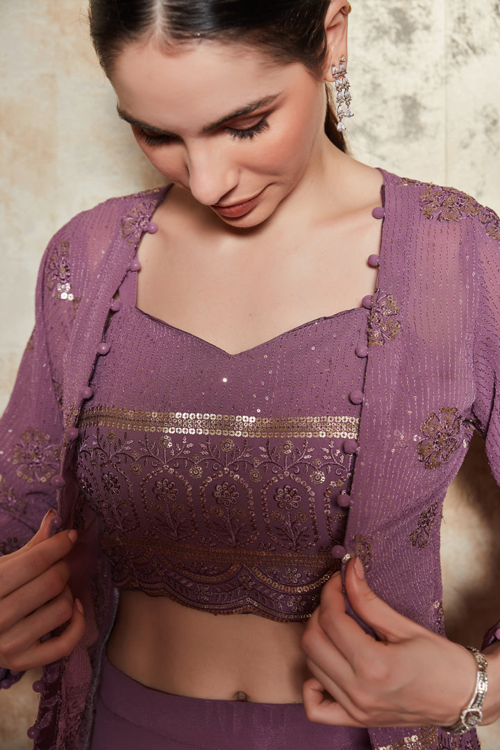 LILAC EMBELLISHED DIVIDER SET WITH GEORGETTE SHRUG AND BLOUSE